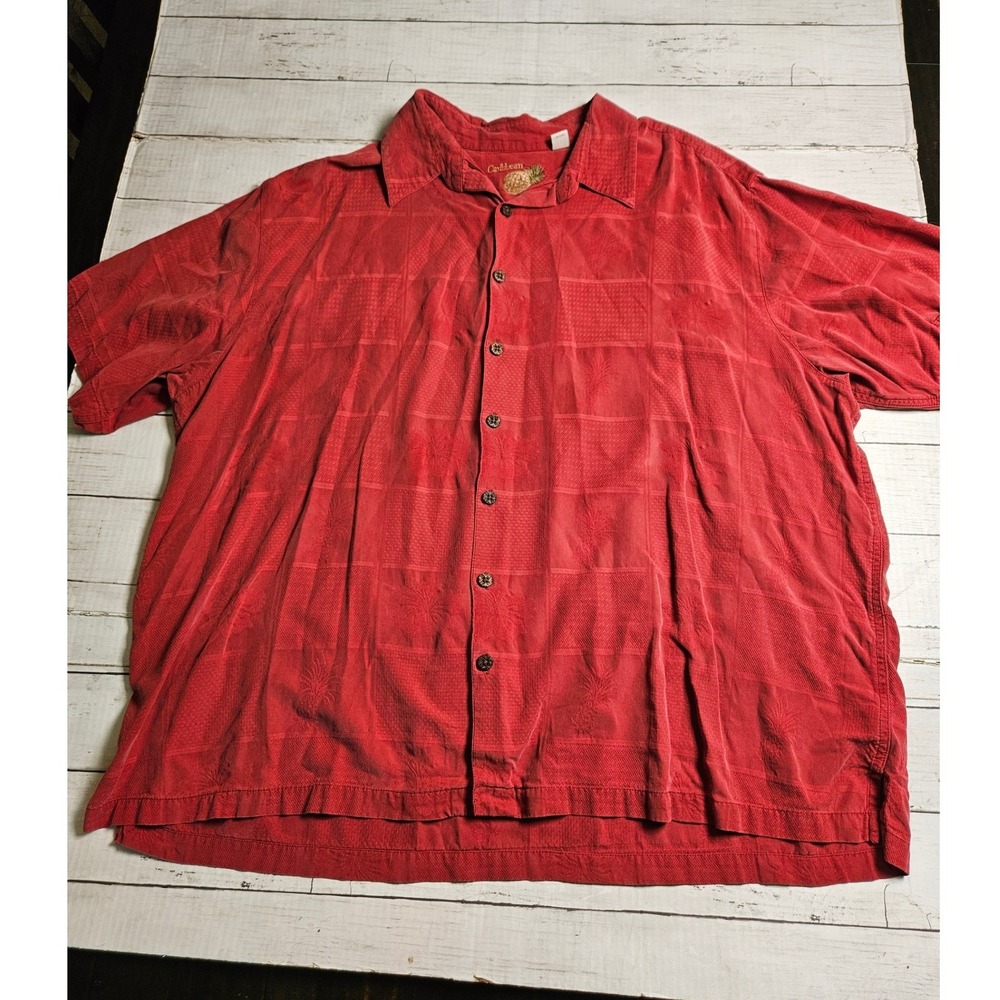 Caribbean Mens 3X Silk Cotton Red Jacquard Pineapple Tropical Camp Shirt XL‎